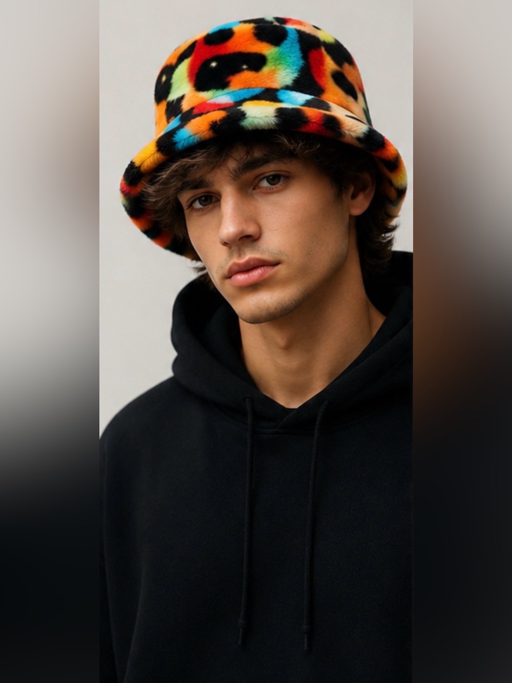 Y2K Fuzzy Faux Fur Bucket Hat Colorful Abstract Streetwear Mens Festival Cap